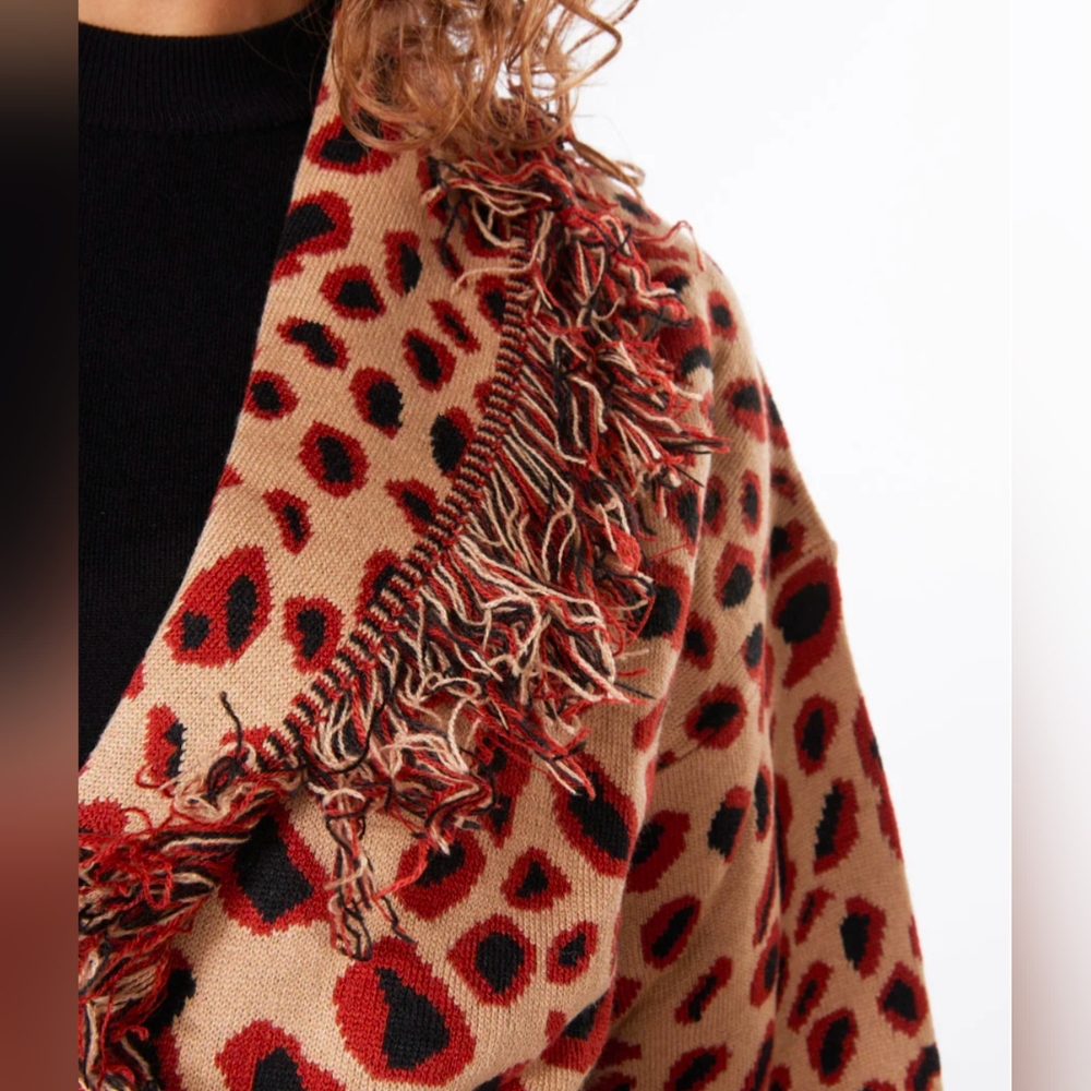 Rare Esqualo Brown and Black Leopard Print Belted Cardigan  Size Large - Picture 4 of 11